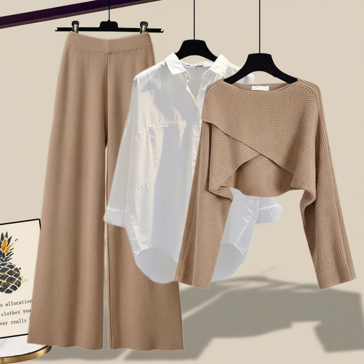 Three-Piece Set | Wide Leg Trousers | Knit Blouse and Shirt-Fashion Nora