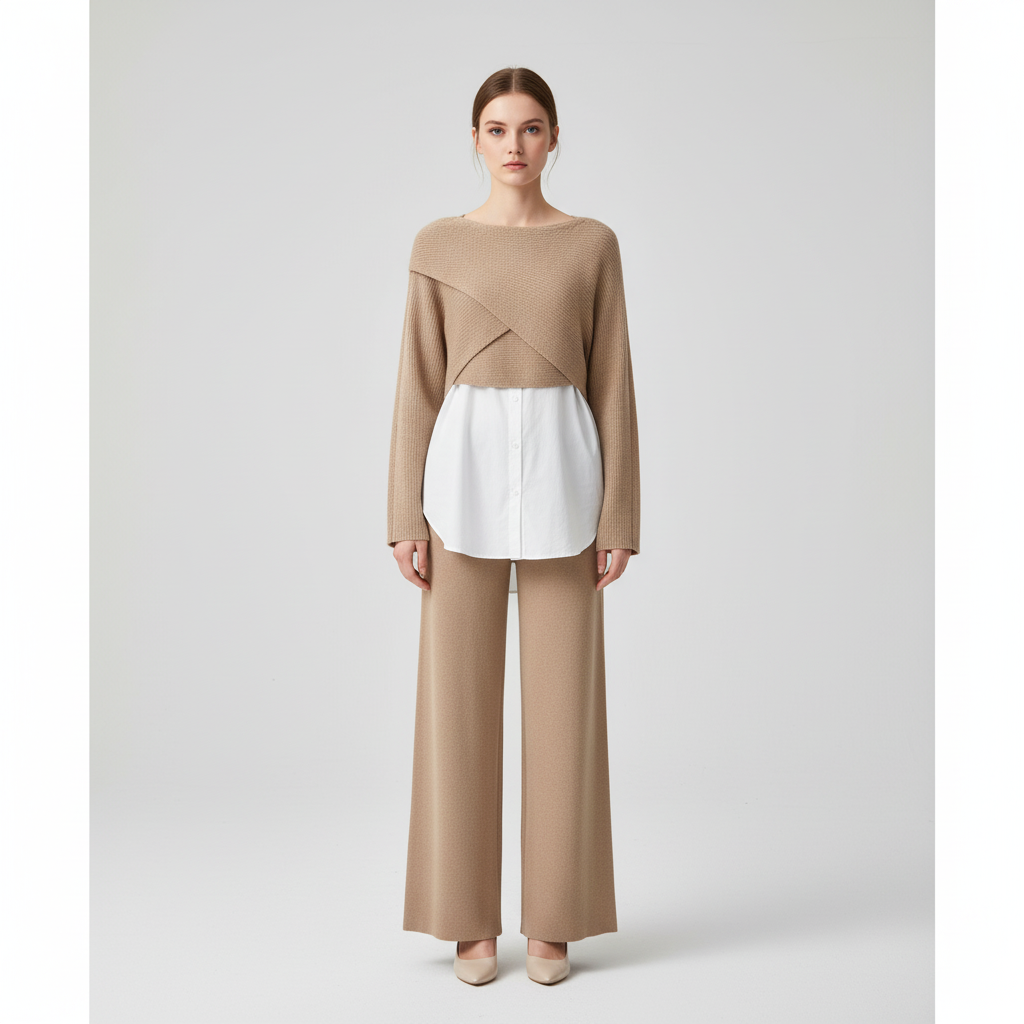Three-Piece Set | Wide Leg Trousers | Knit Blouse and Shirt-Fashion Nora