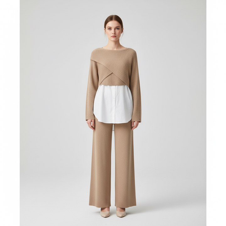 Three-Piece Set | Wide Leg Trousers | Knit Blouse and Shirt-Fashion Nora