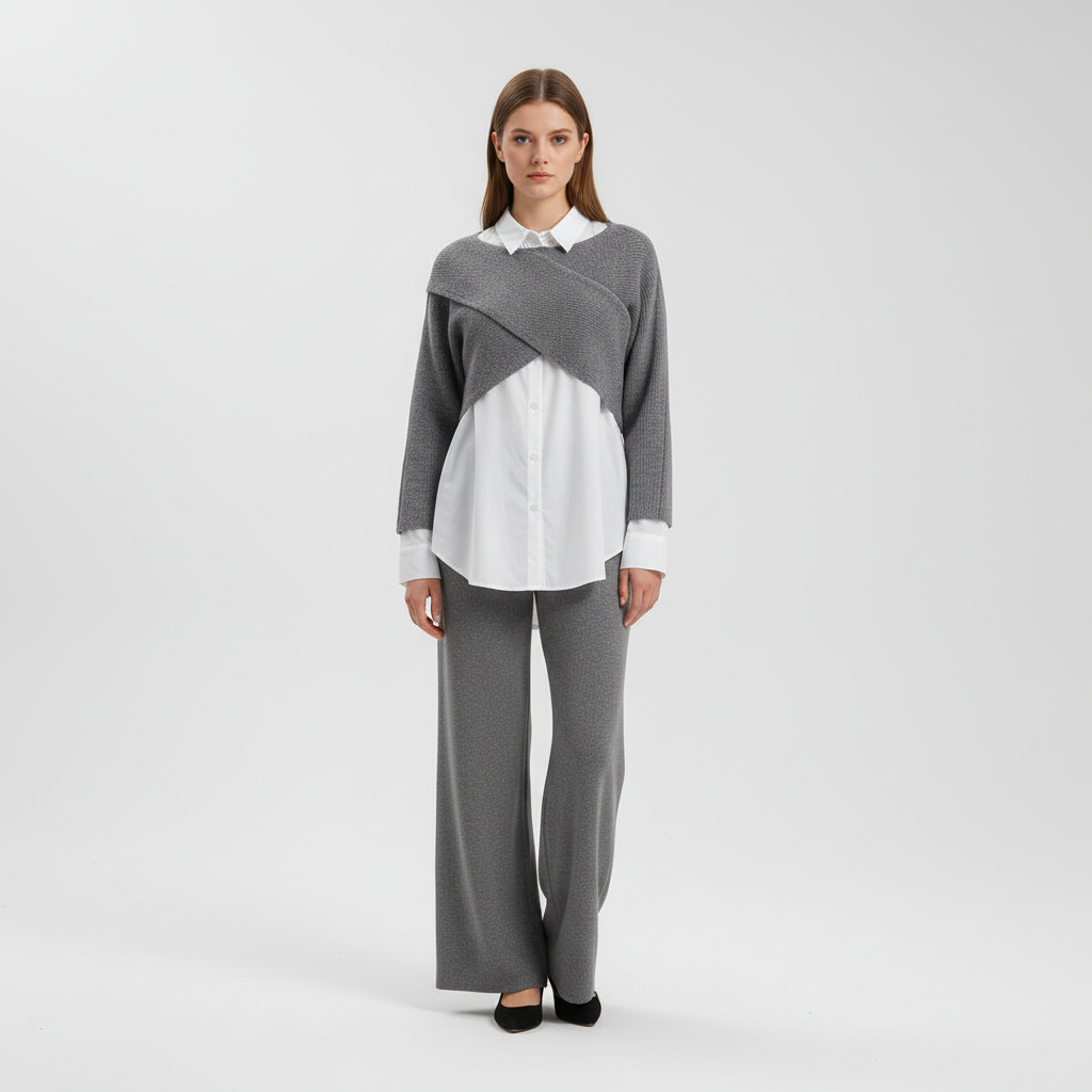 Three-Piece Set | Wide Leg Trousers | Knit Blouse and Shirt-Fashion Nora