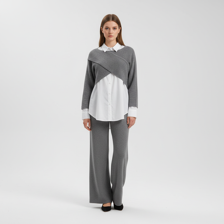 Three-Piece Set | Wide Leg Trousers | Knit Blouse and Shirt-Fashion Nora
