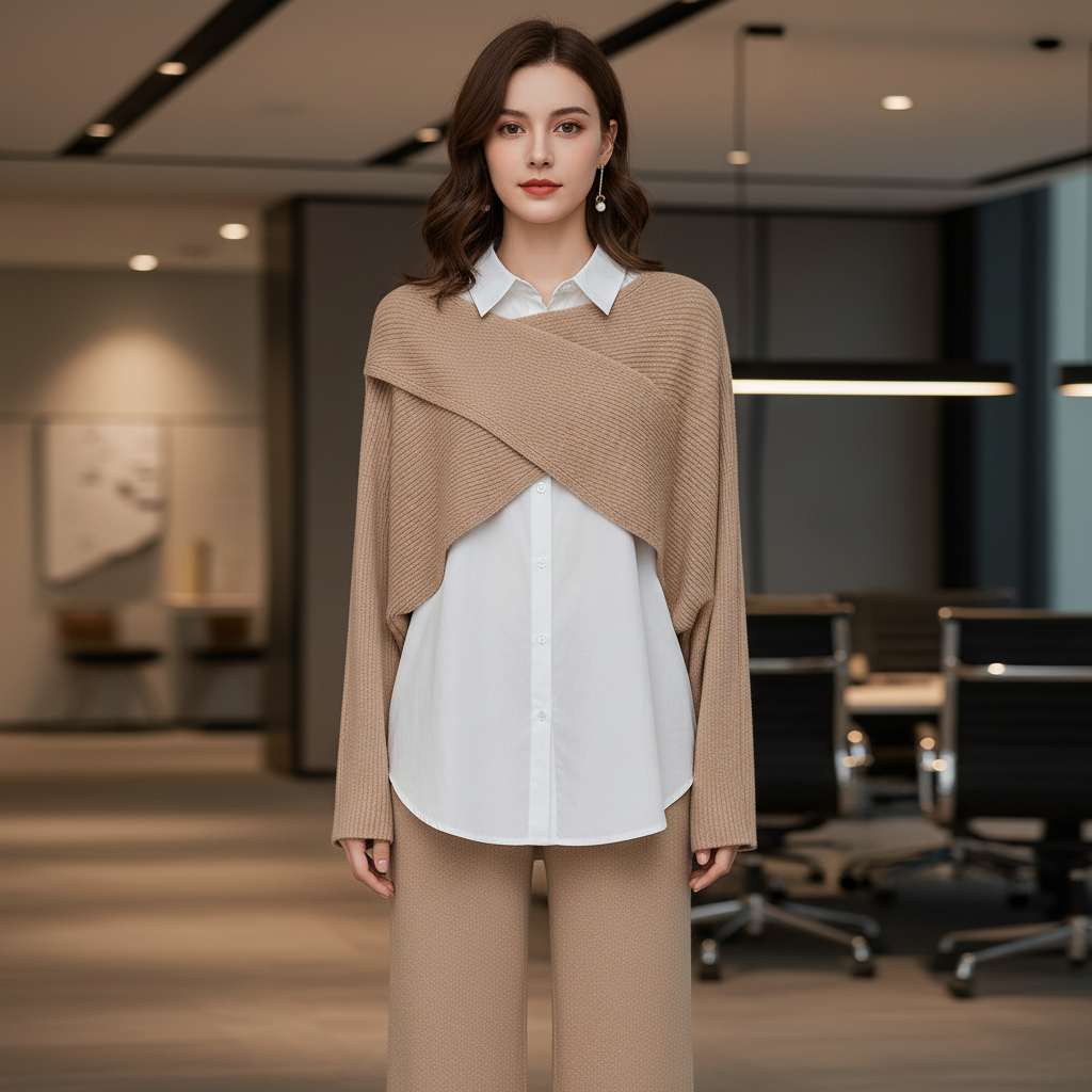 Three-Piece Set | Wide Leg Trousers | Knit Blouse and Shirt-Fashion Nora