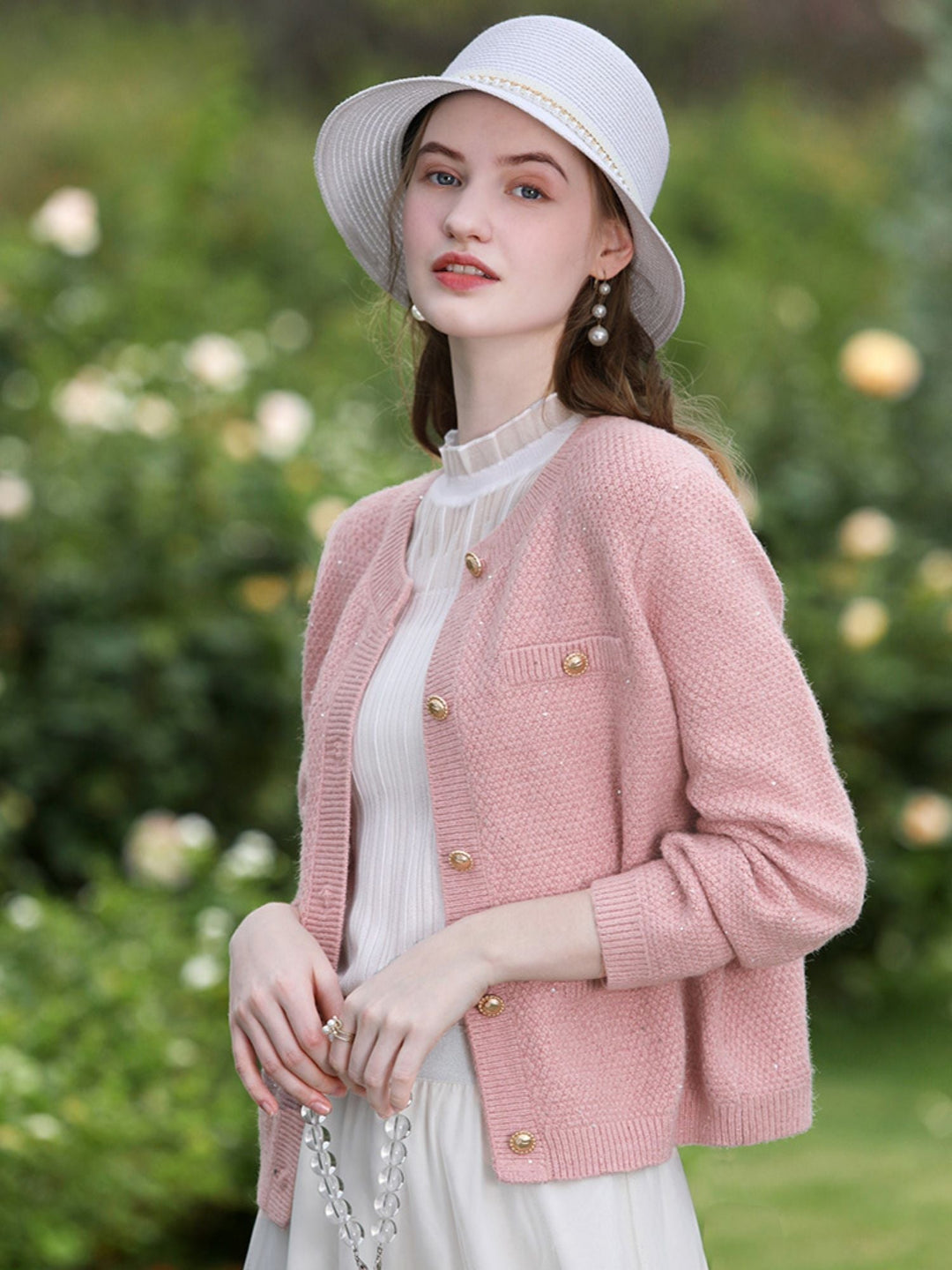 Tweed Knit Cardigan | Gold Button Detail | Front Pockets | Round Neck-Fashion Nora