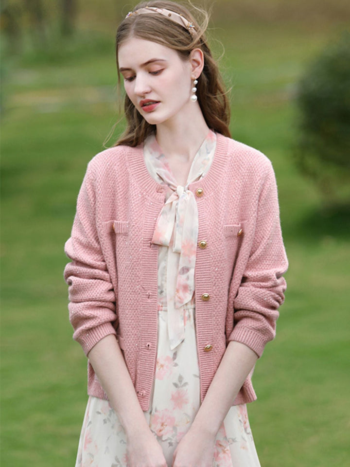 Tweed Knit Cardigan | Gold Button Detail | Front Pockets | Round Neck-Fashion Nora