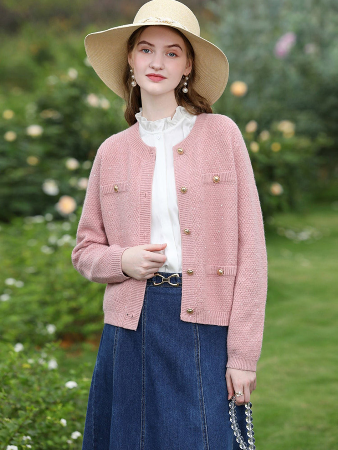 Tweed Knit Cardigan | Gold Button Detail | Front Pockets | Round Neck-Fashion Nora