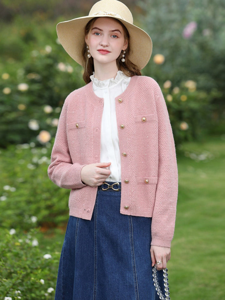 Tweed Knit Cardigan | Gold Button Detail | Front Pockets | Round Neck-Fashion Nora