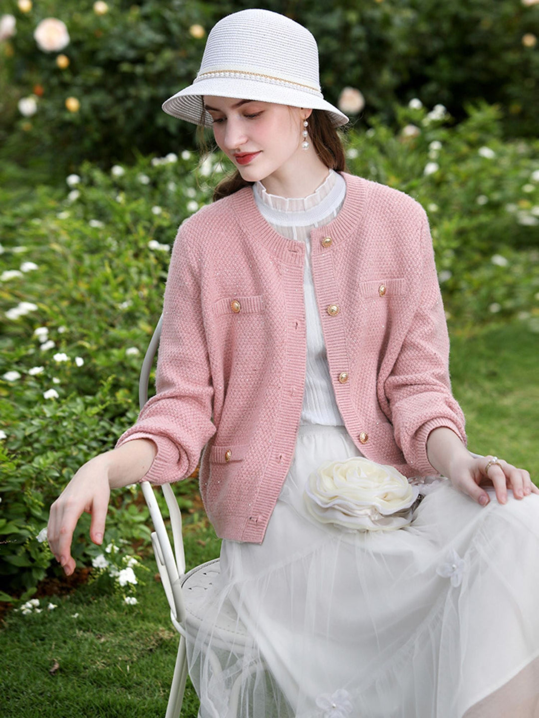 Tweed Knit Cardigan | Gold Button Detail | Front Pockets | Round Neck-Fashion Nora