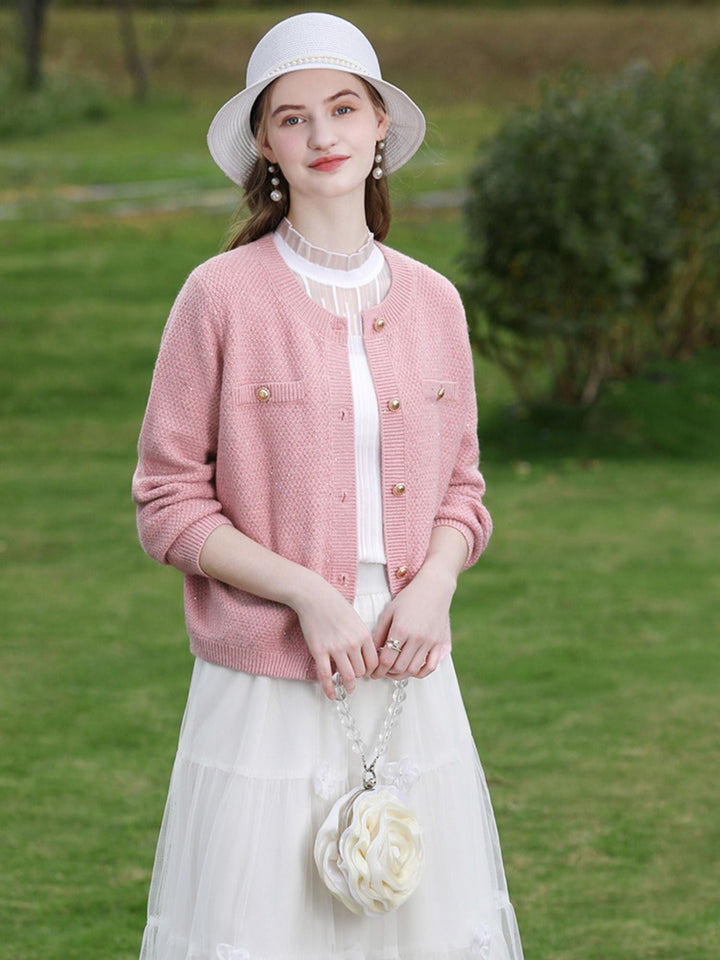 Tweed Knit Cardigan | Gold Button Detail | Front Pockets | Round Neck-Fashion Nora