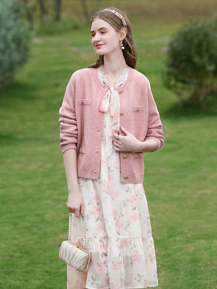 Tweed Knit Cardigan | Gold Button Detail | Front Pockets | Round Neck-Fashion Nora