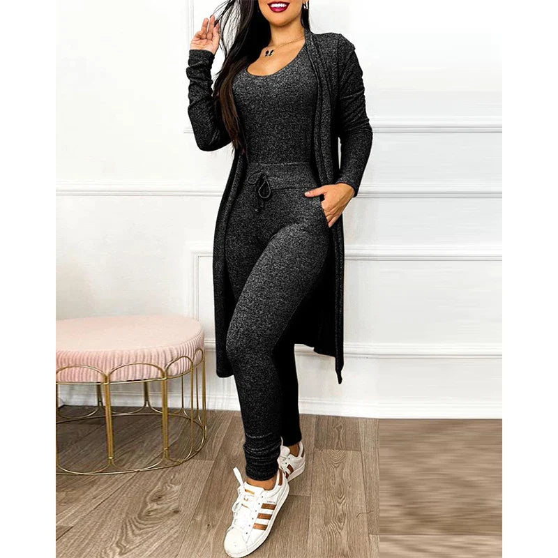 Two-Piece Jumpsuit Set | Sleeveless Bodysuit | Matching Knit Jacket-Fashion Nora