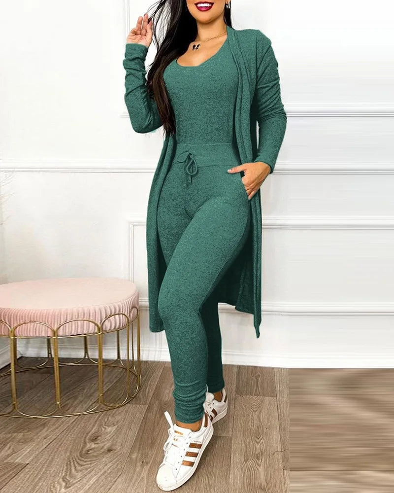 Two-Piece Jumpsuit Set | Sleeveless Bodysuit | Matching Knit Jacket-Fashion Nora