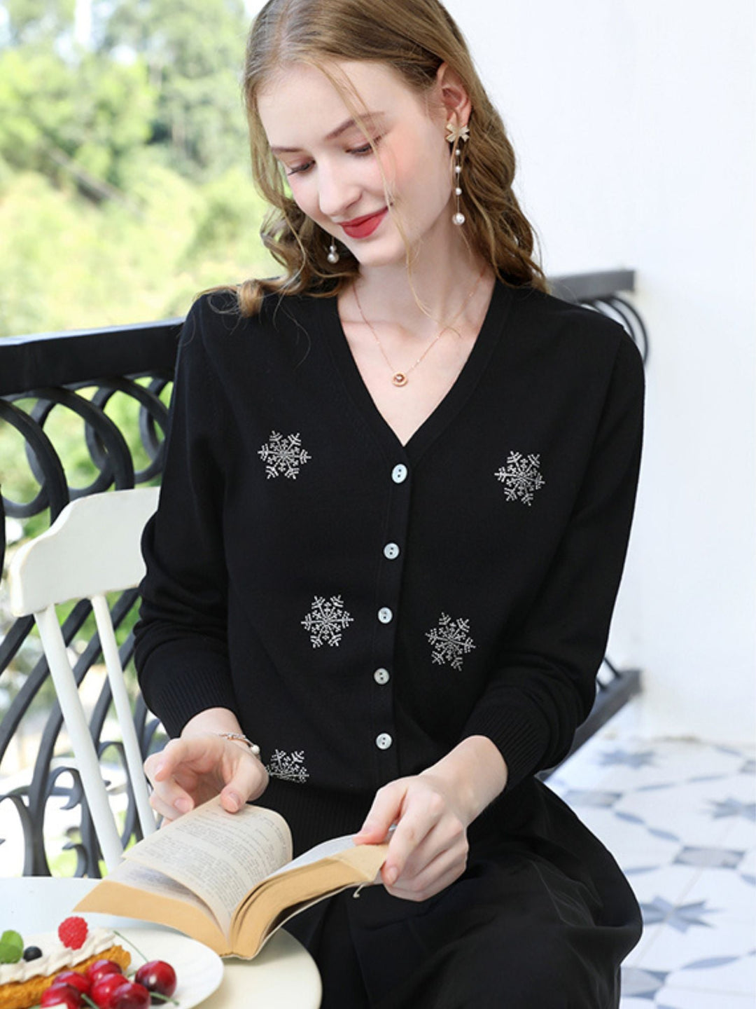 V-Neck Cardigan | Snowflake Embellishments | Button Front-Fashion Nora