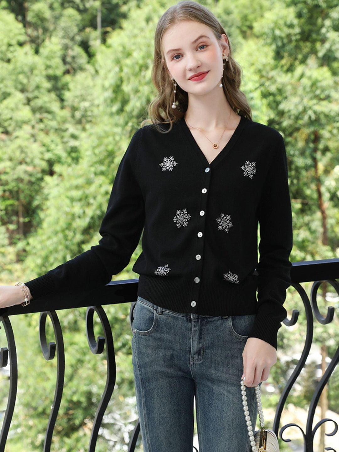 V-Neck Cardigan | Snowflake Embellishments | Button Front-Fashion Nora