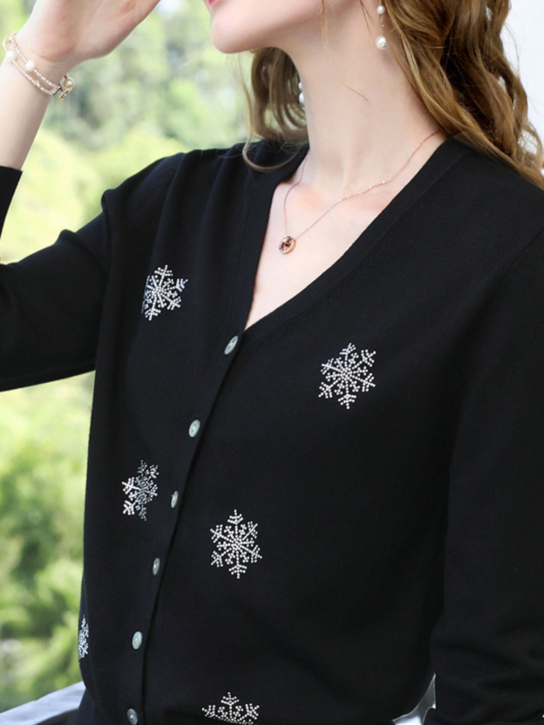 V-Neck Cardigan | Snowflake Embellishments | Button Front-Fashion Nora