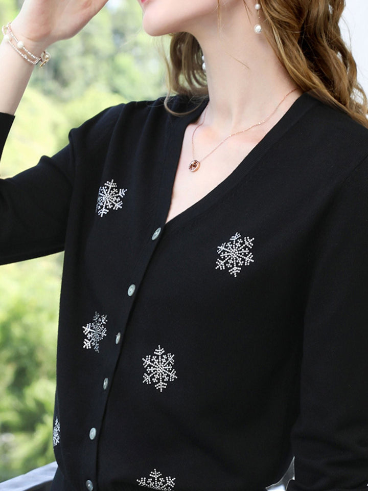 V-Neck Cardigan | Snowflake Embellishments | Button Front-Fashion Nora