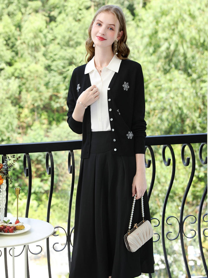 V-Neck Cardigan | Snowflake Embellishments | Button Front-Fashion Nora
