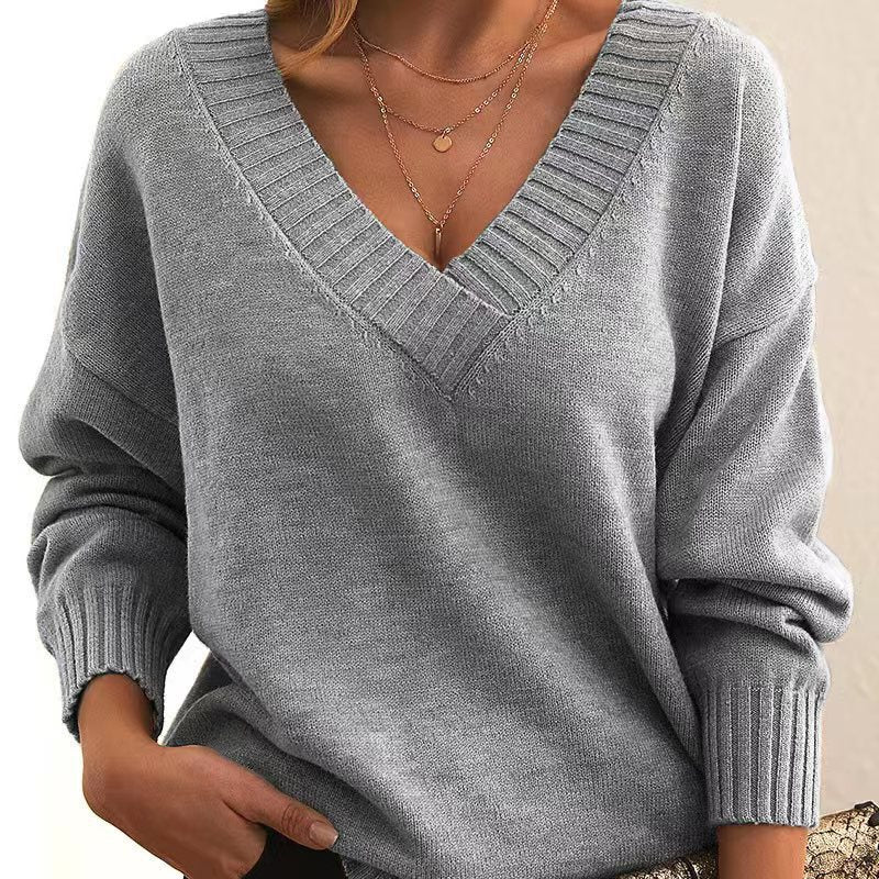 V-Neck Knit Sweater | Ribbed Trim | Elegant Soft Knit-Fashion Nora