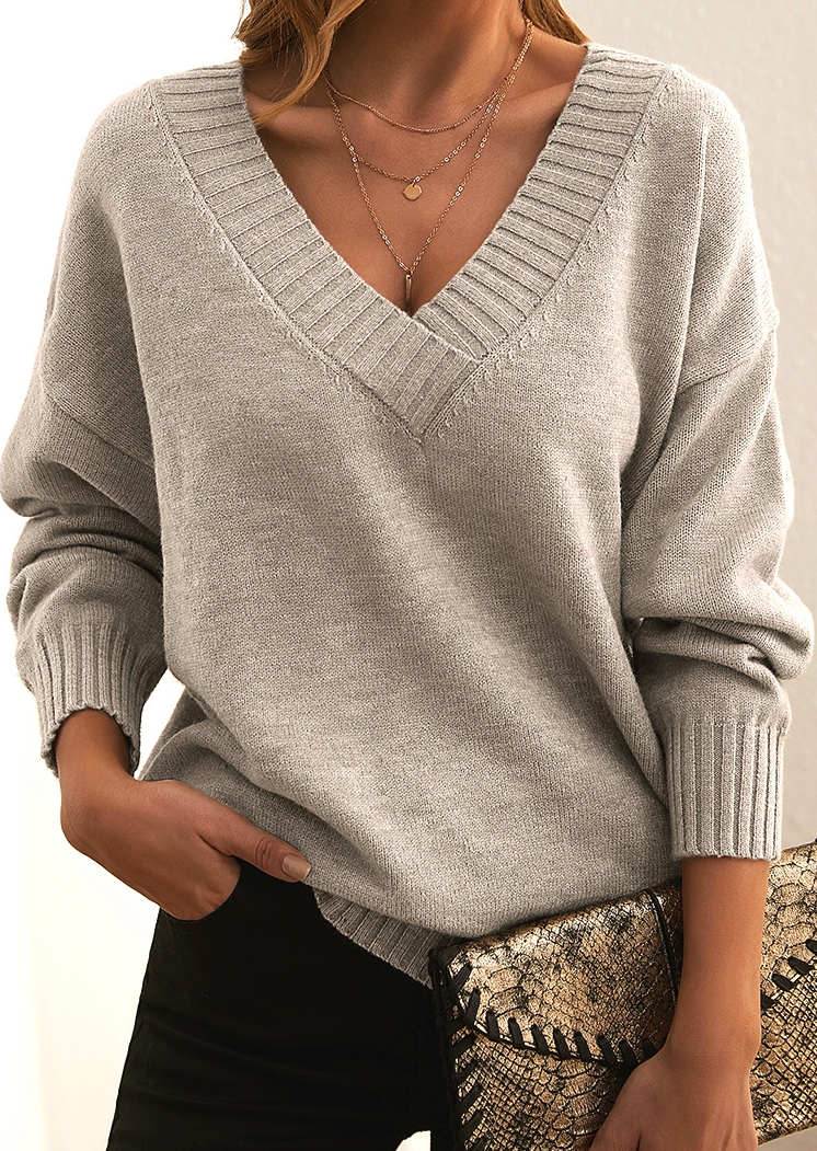 V-Neck Knit Sweater | Ribbed Trim | Elegant Soft Knit-Fashion Nora