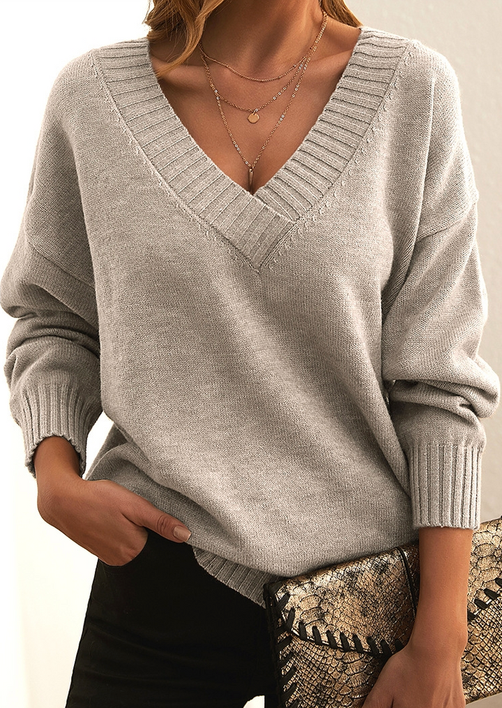 V-Neck Knit Sweater | Ribbed Trim | Elegant Soft Knit-Fashion Nora