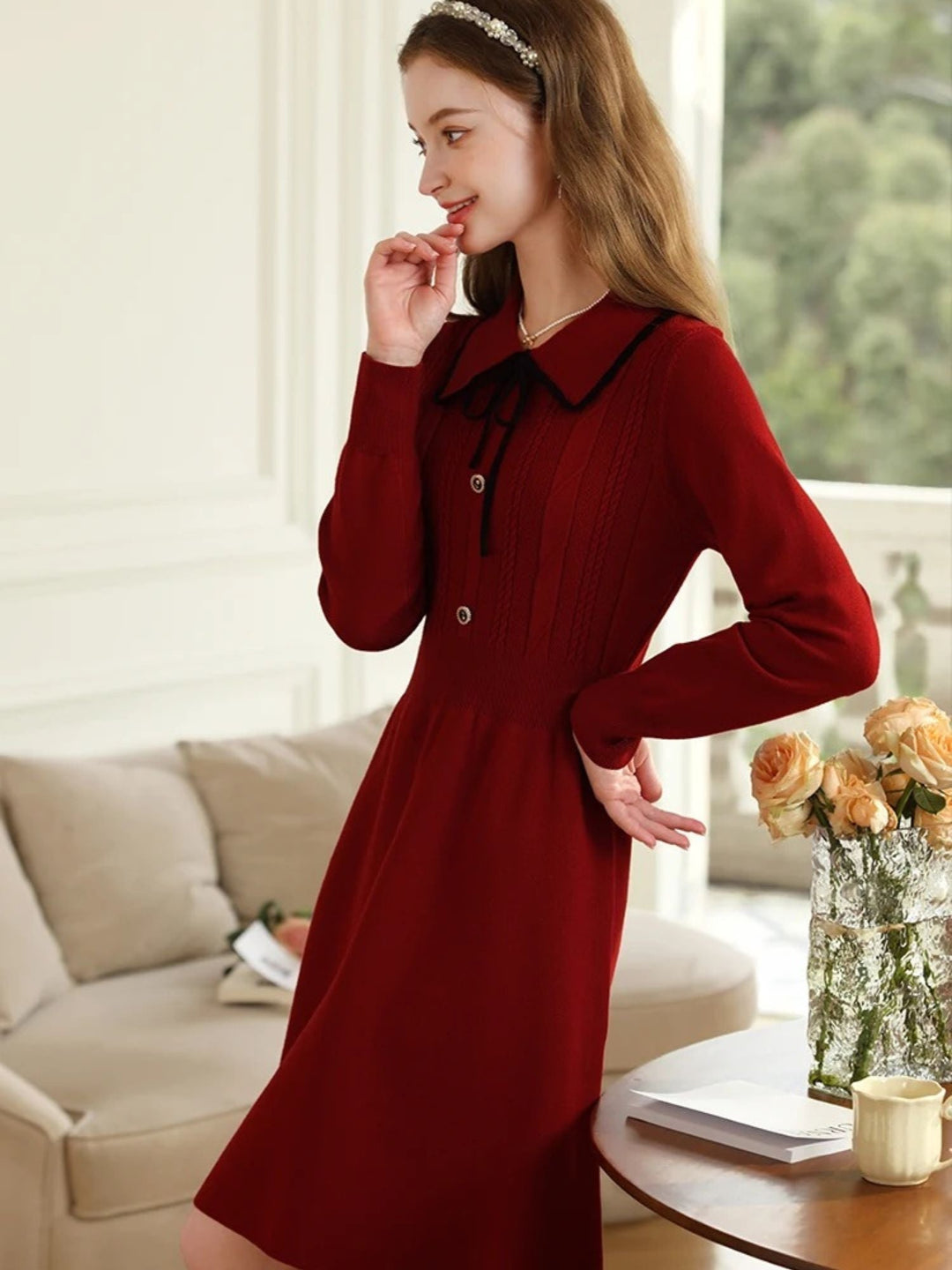 Vintage Red Knit Dress | Notched Collar | Ribbon Detail | A-Line-Fashion Nora