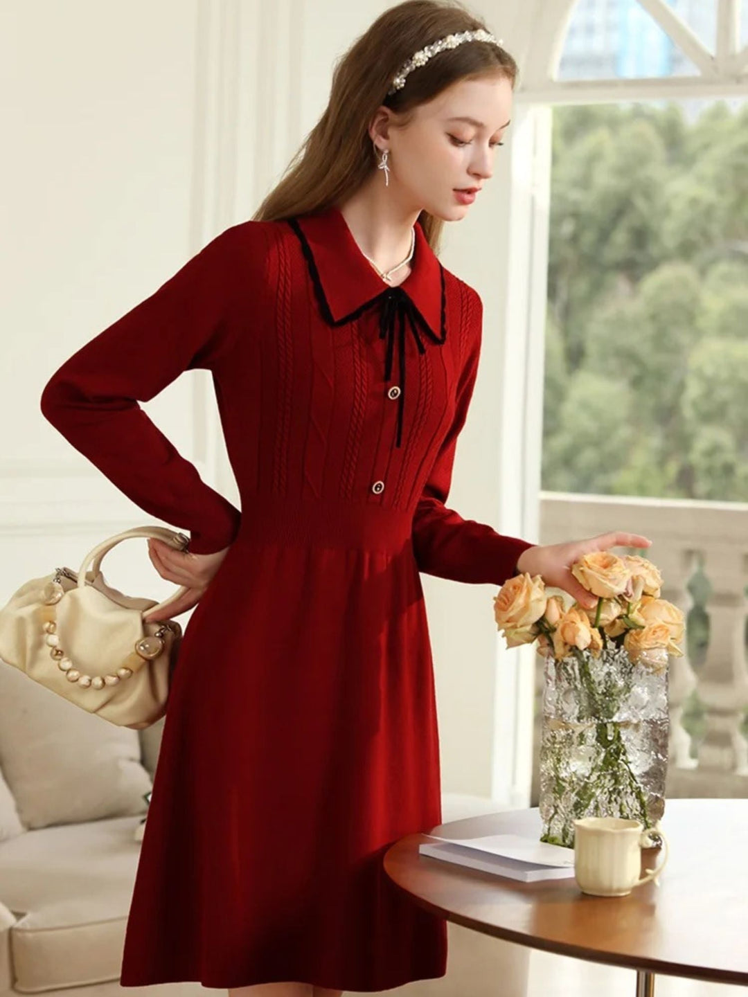 Vintage Red Knit Dress | Notched Collar | Ribbon Detail | A-Line-Fashion Nora