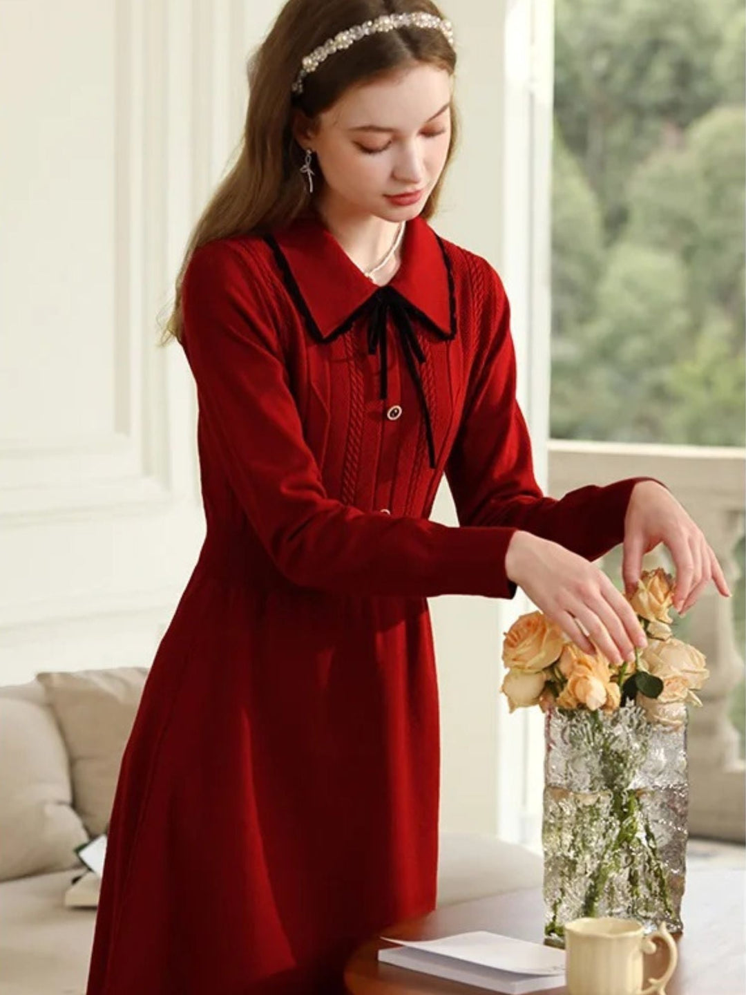 Vintage Red Knit Dress | Notched Collar | Ribbon Detail | A-Line-Fashion Nora