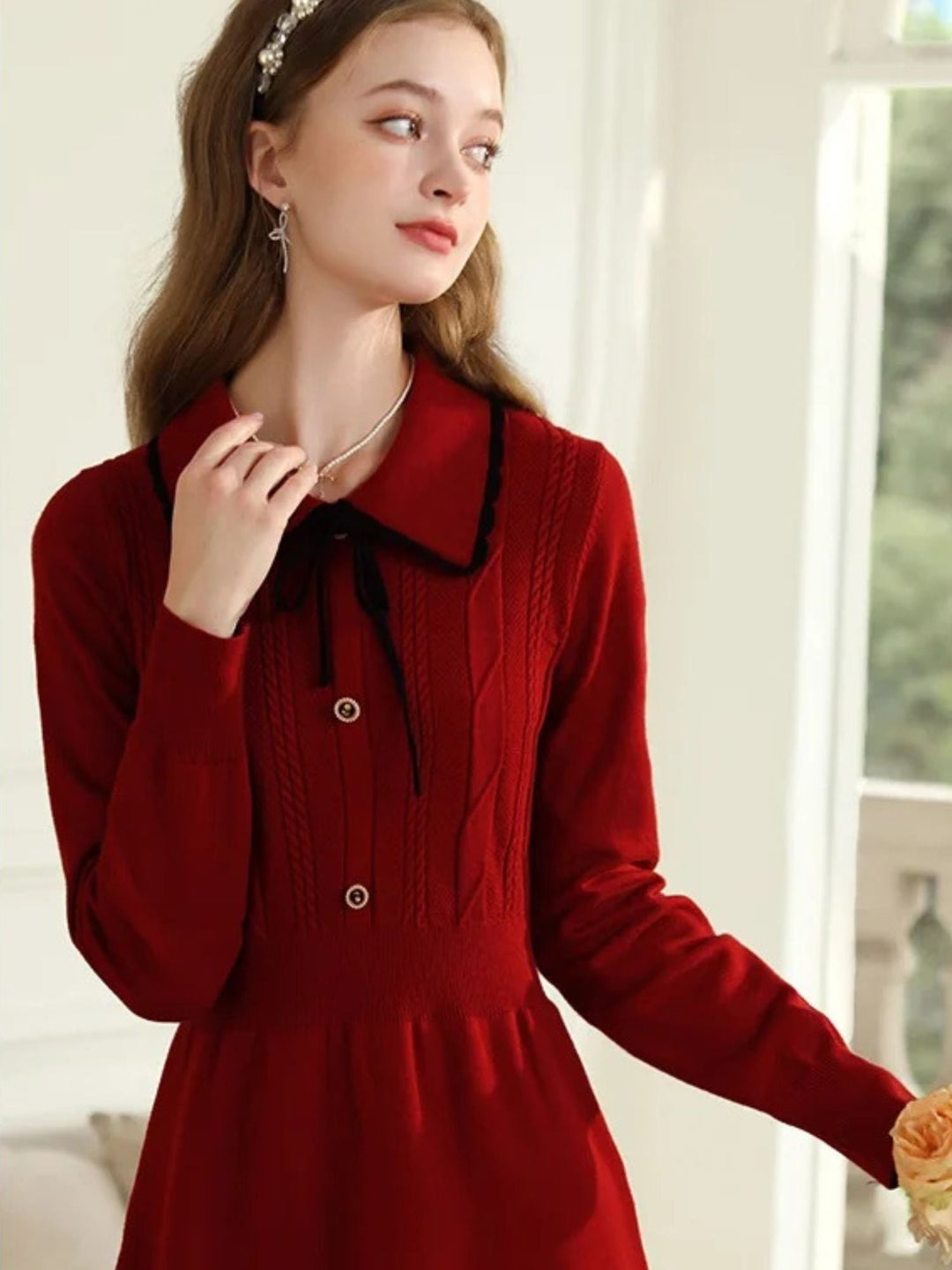 Vintage Red Knit Dress | Notched Collar | Ribbon Detail | A-Line-Fashion Nora