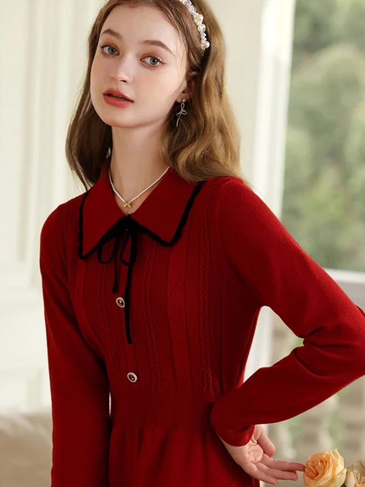 Vintage Red Knit Dress | Notched Collar | Ribbon Detail | A-Line-Fashion Nora