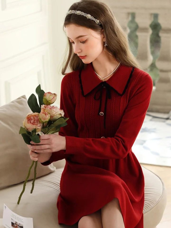 Vintage Red Knit Dress | Notched Collar | Ribbon Detail | A-Line-Fashion Nora