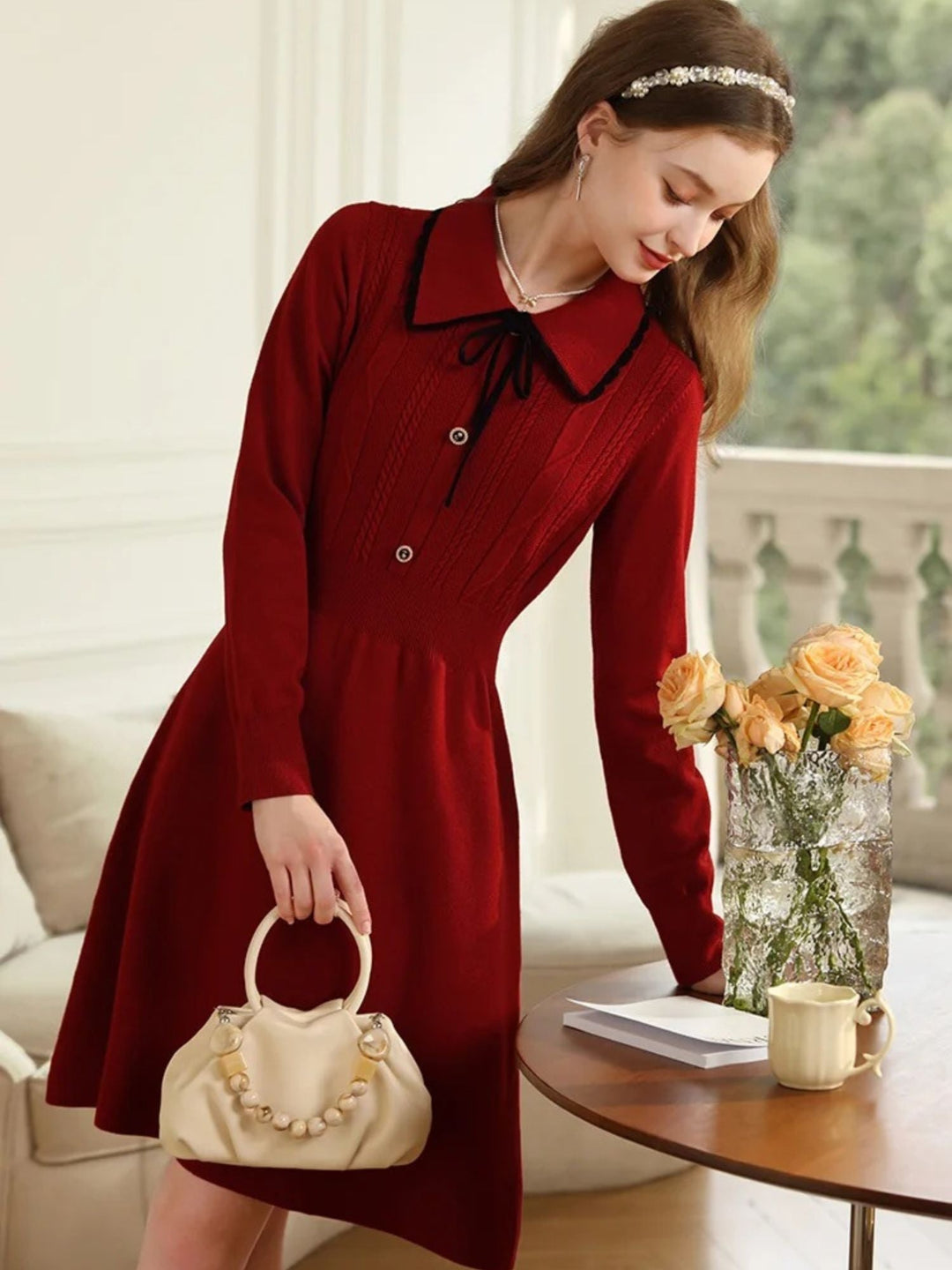 Vintage Red Knit Dress | Notched Collar | Ribbon Detail | A-Line-Fashion Nora