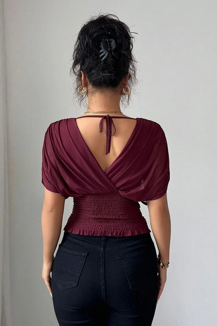 Womens Blouse | Elegant V Neck Draped Sleeve Top-Fashion Nora