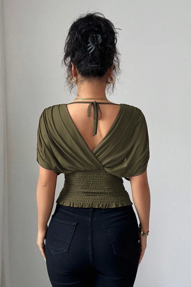 Womens Blouse | Elegant V Neck Draped Sleeve Top-Fashion Nora