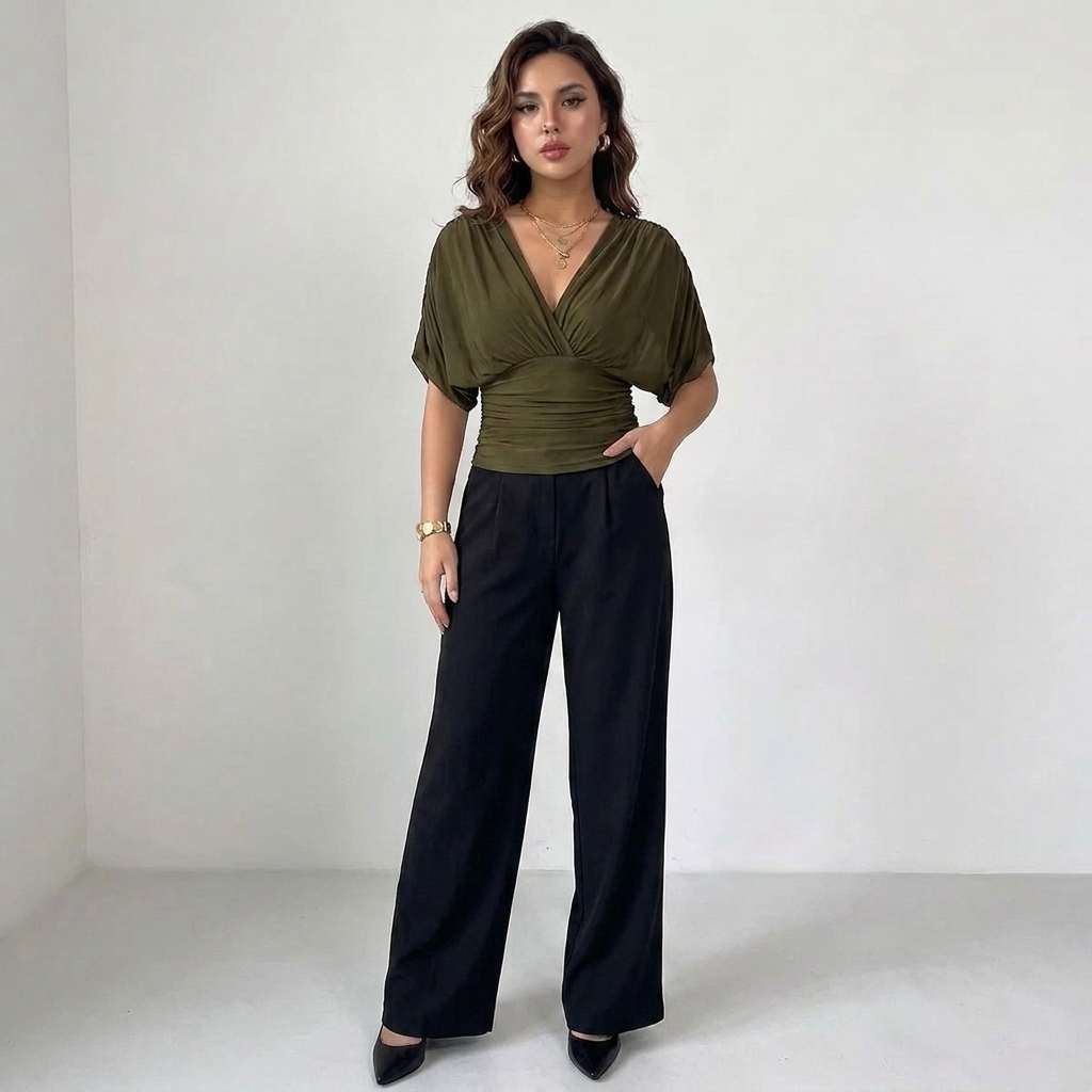 Womens Blouse | Elegant V Neck Draped Sleeve Top-Fashion Nora