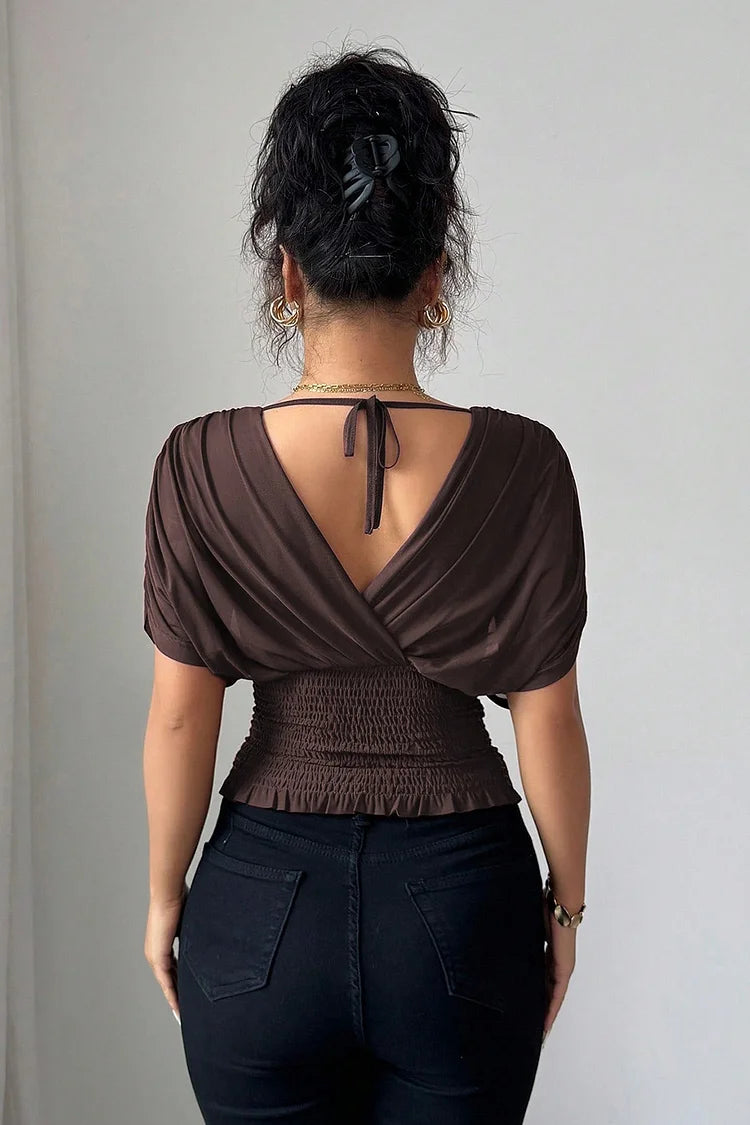 Womens Blouse | Elegant V Neck Draped Sleeve Top-Fashion Nora