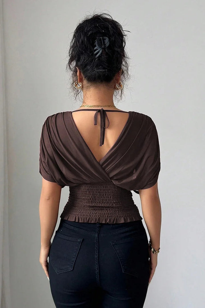 Womens Blouse | Elegant V Neck Draped Sleeve Top-Fashion Nora
