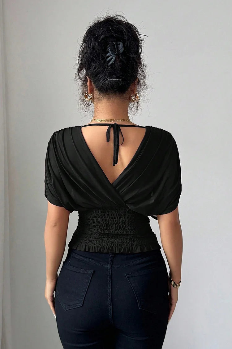 Womens Blouse | Elegant V Neck Draped Sleeve Top-Fashion Nora