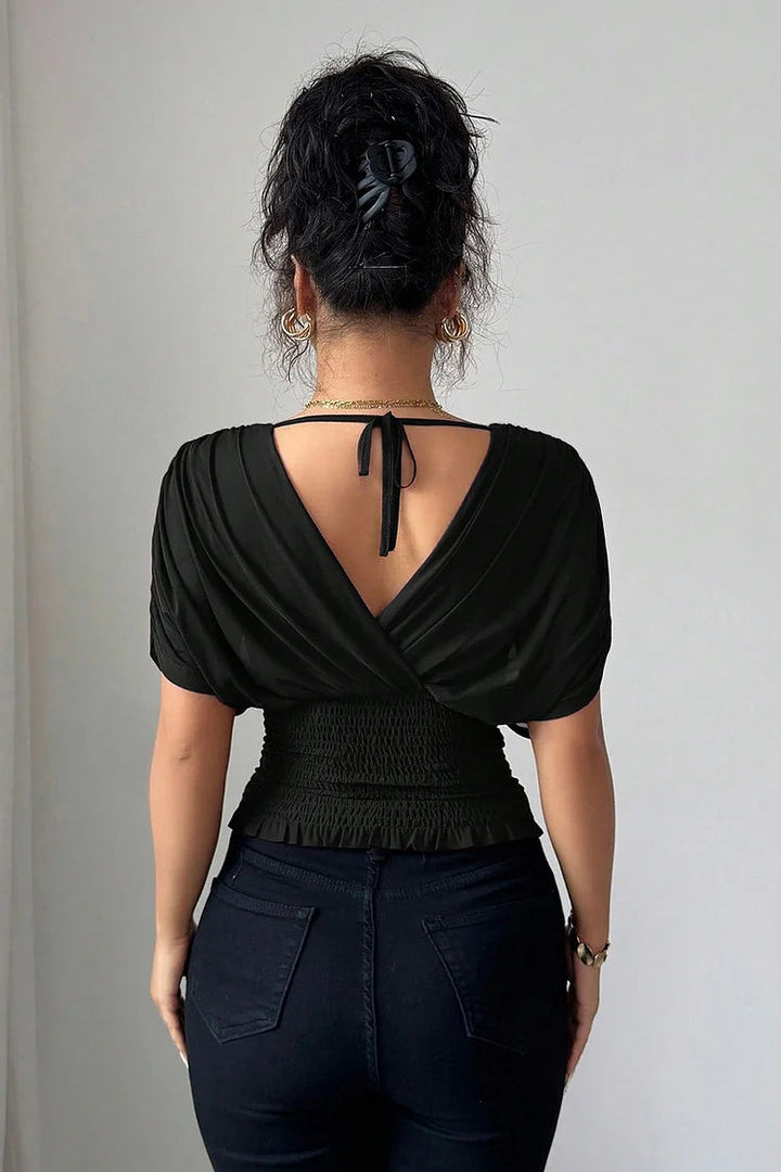 Womens Blouse | Elegant V Neck Draped Sleeve Top-Fashion Nora