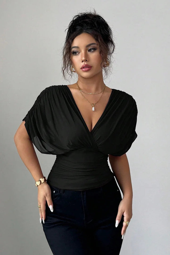 Womens Blouse | Elegant V Neck Draped Sleeve Top-Fashion Nora