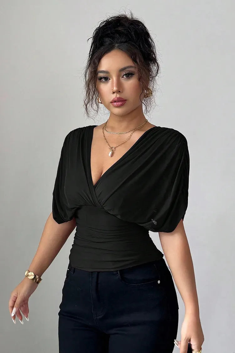 Womens Blouse | Elegant V Neck Draped Sleeve Top-Fashion Nora