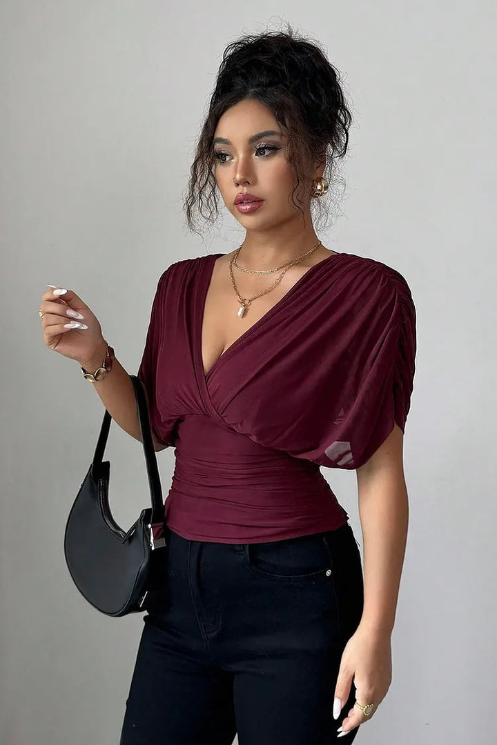 Womens Blouse | Elegant V Neck Draped Sleeve Top-Fashion Nora