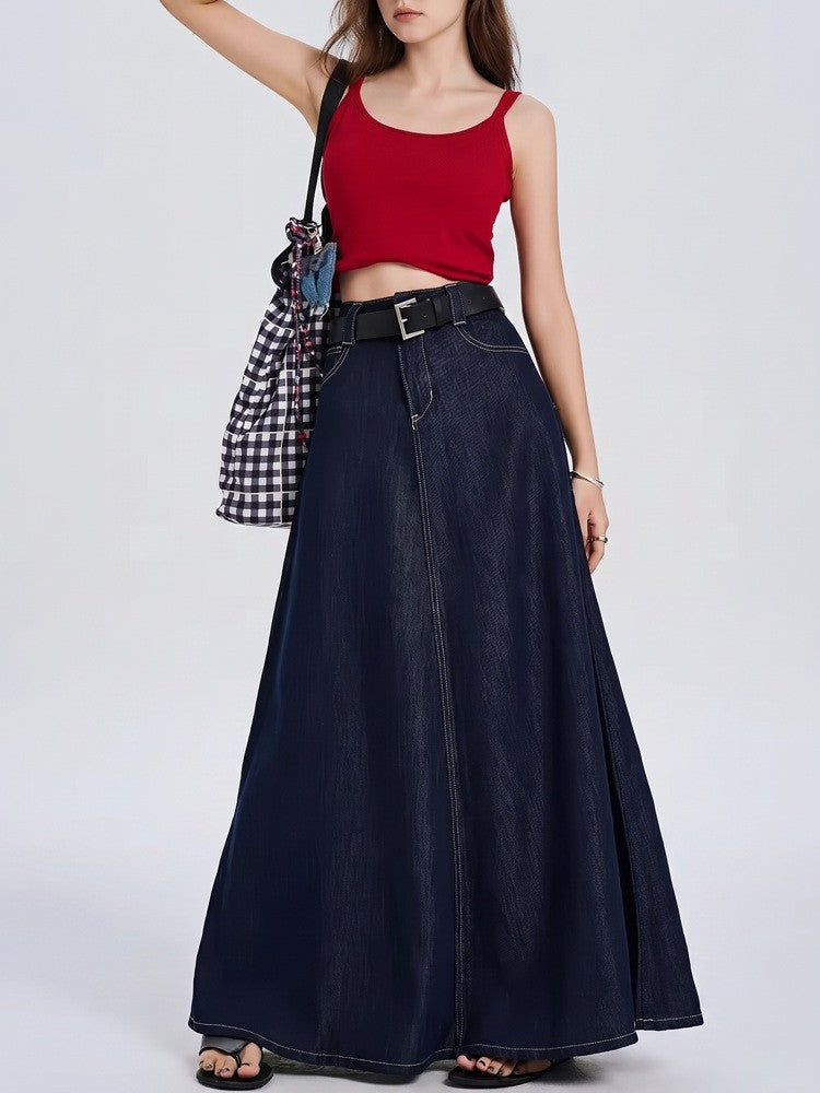 A Line Denim Skirt | Long Maxi | High Waist | Cotton - Fashion Nora