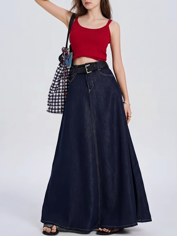 A Line Denim Skirt | Long Maxi | High Waist | Cotton - Fashion Nora