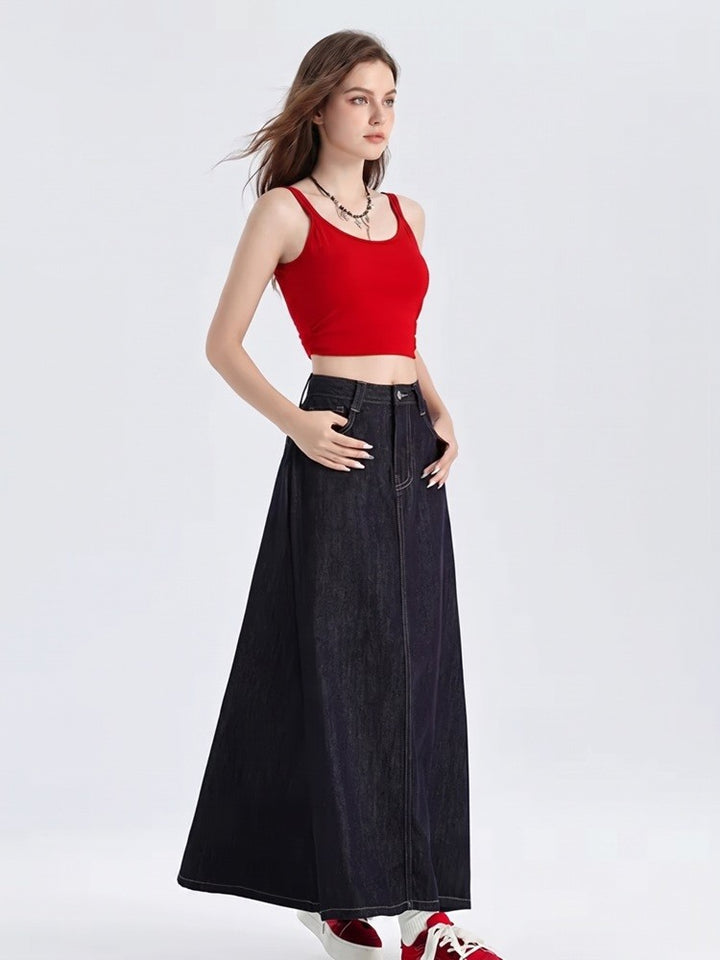 A Line Denim Skirt | Long Maxi | High Waist | Cotton - Fashion Nora