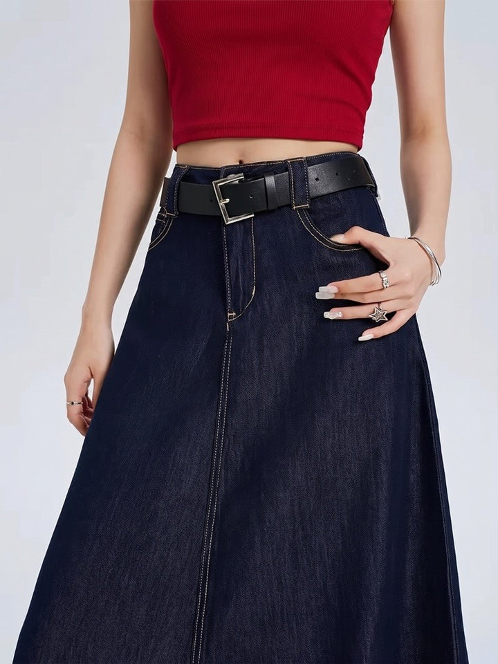 A Line Denim Skirt | Long Maxi | High Waist | Cotton - Fashion Nora