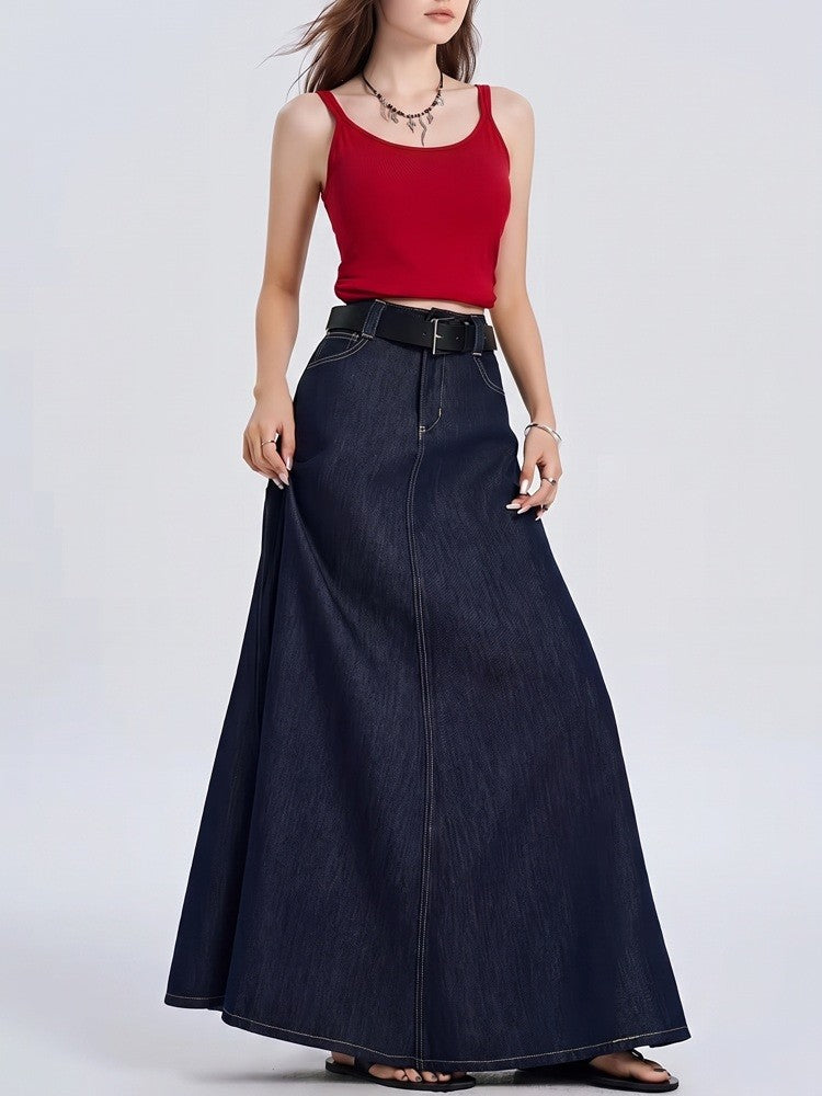 A Line Denim Skirt | Long Maxi | High Waist | Cotton - Fashion Nora