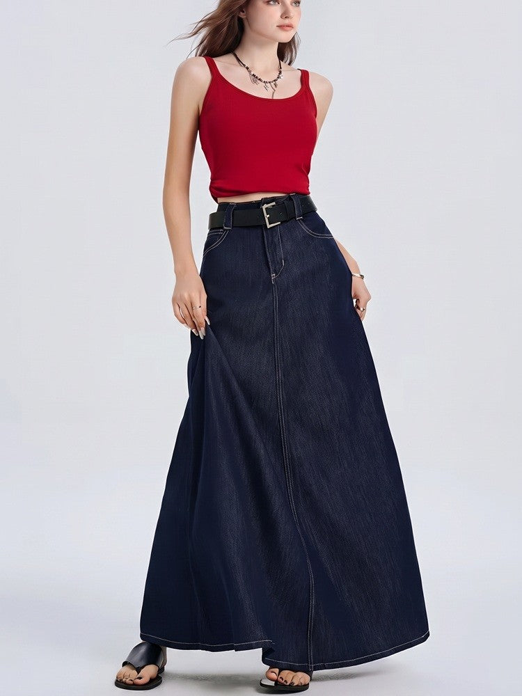 A Line Denim Skirt | Long Maxi | High Waist | Cotton - Fashion Nora