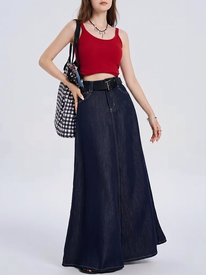 A Line Denim Skirt | Long Maxi | High Waist | Cotton - Fashion Nora