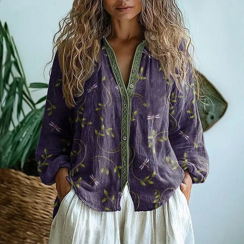 Blouse | Nature Print | Split V Neck | Blouson Sleeve-Fashion Nora