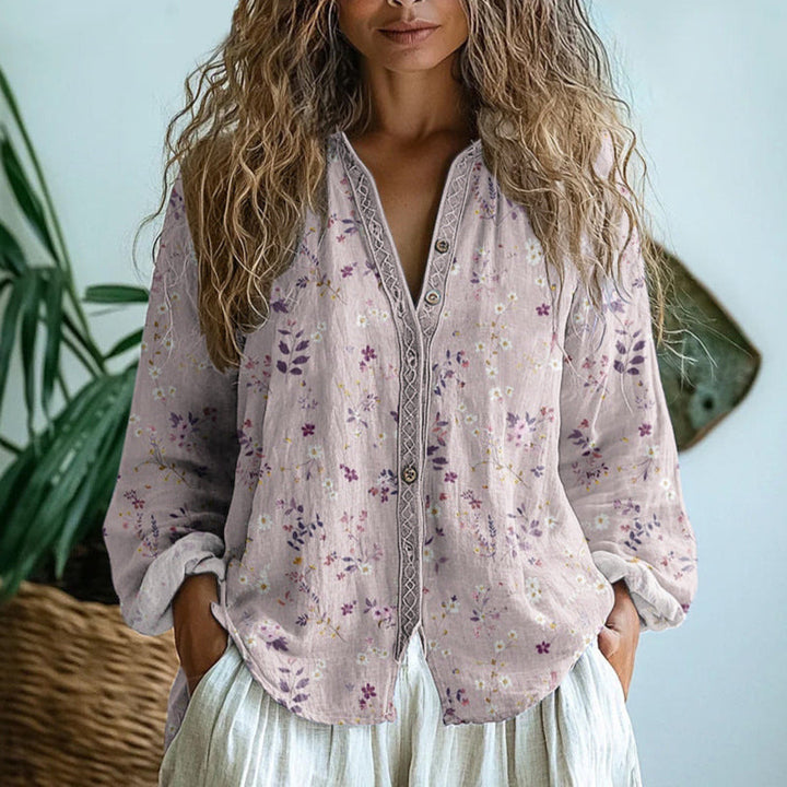 Blouse | Nature Print | Split V Neck | Blouson Sleeve-Fashion Nora