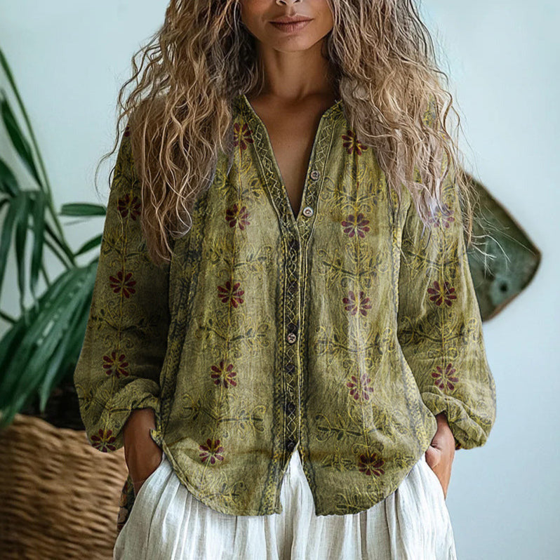 Blouse | Nature Print | Split V Neck | Blouson Sleeve-Fashion Nora